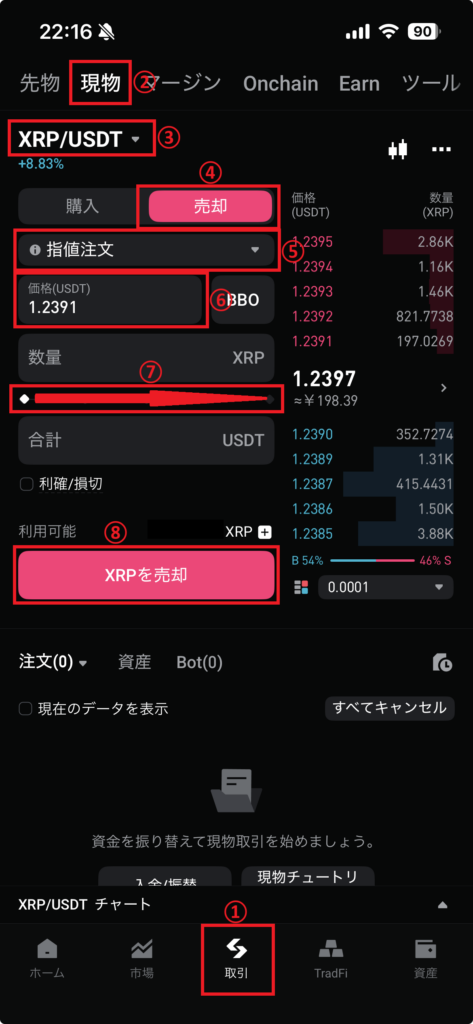 Bitget 現物取引画面
