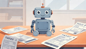税金の重さを表現したロボット工作と日本の税負担構造をイメージした近未来イラスト