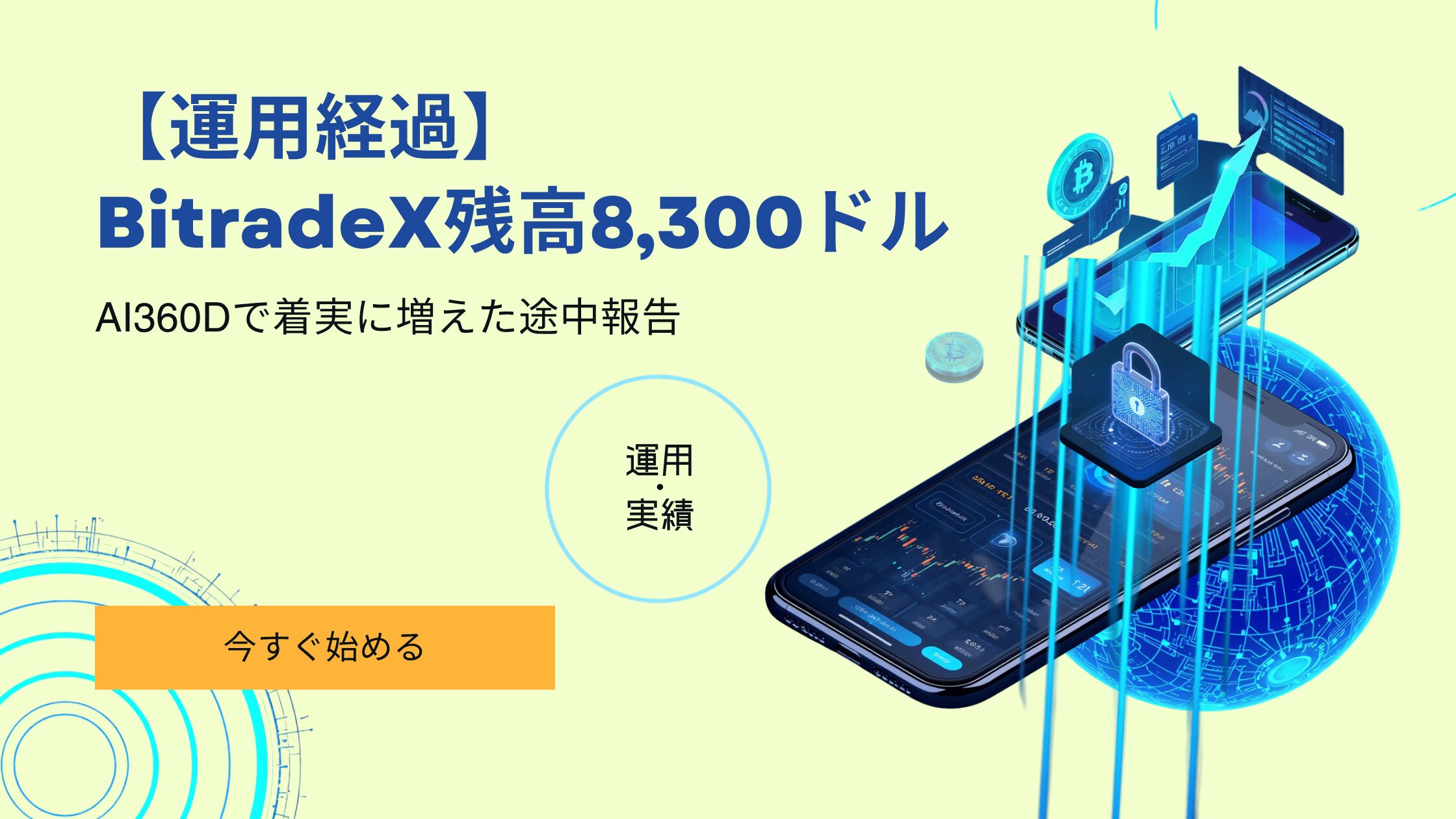 BitradeX AI360Dの運用経過イメージ。2026年7月時点の残高約8,300ドルを示す途中報告