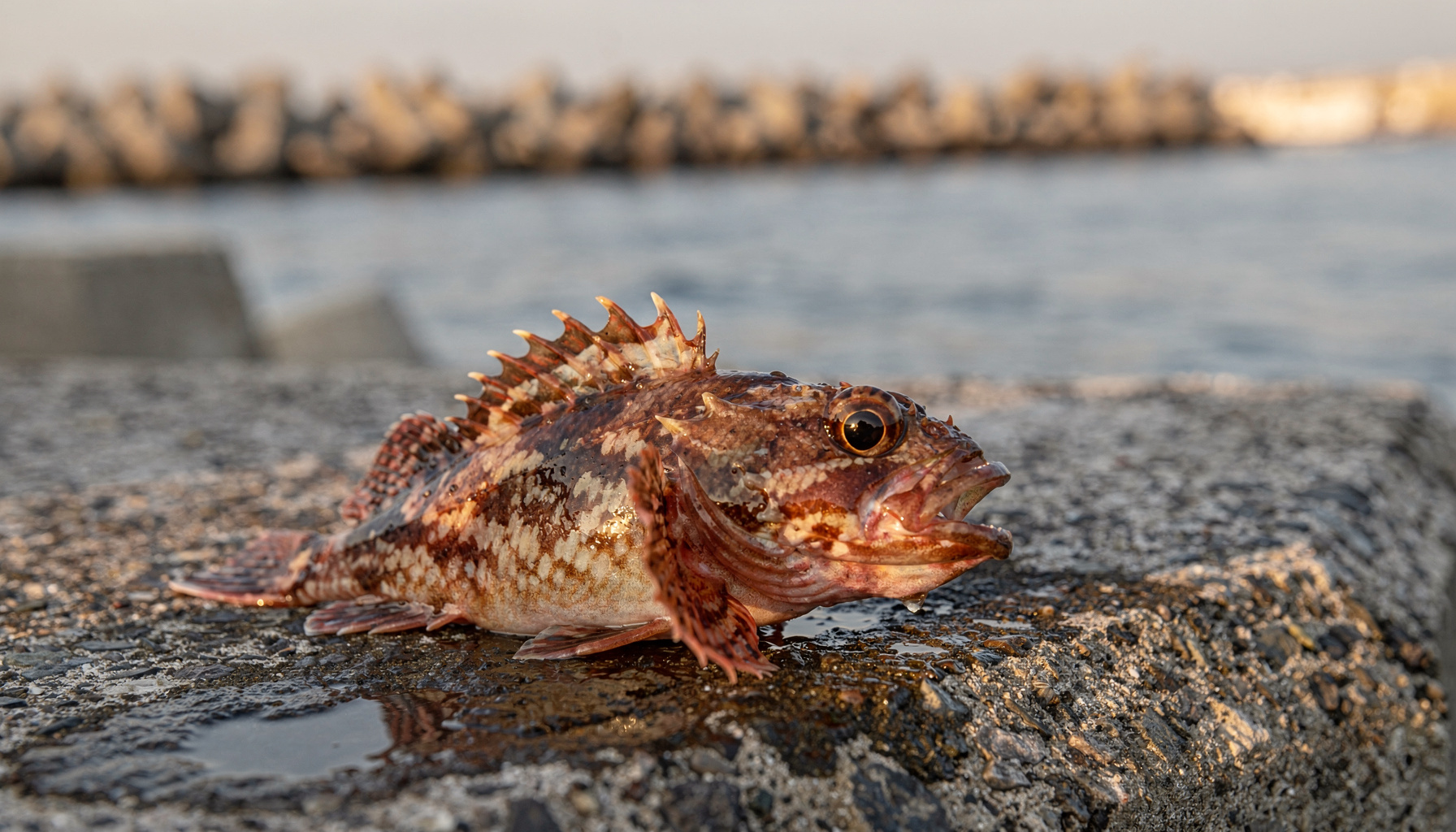 夕方の木更津沖堤防で揚がった、手のひらより少し大きいカサゴ
